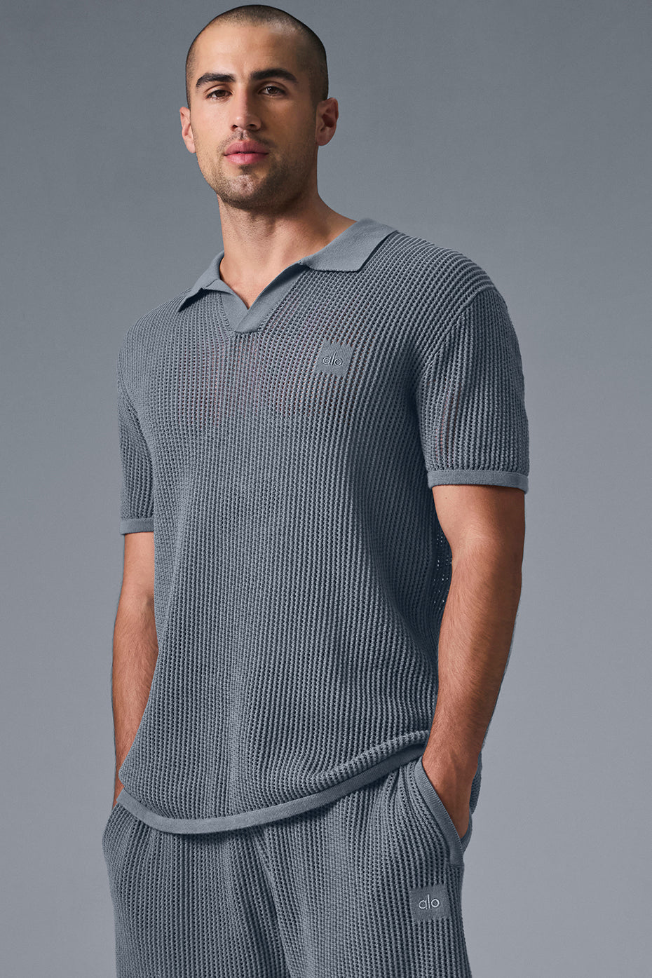 Premium Open-Knit Polo - Steel Grey